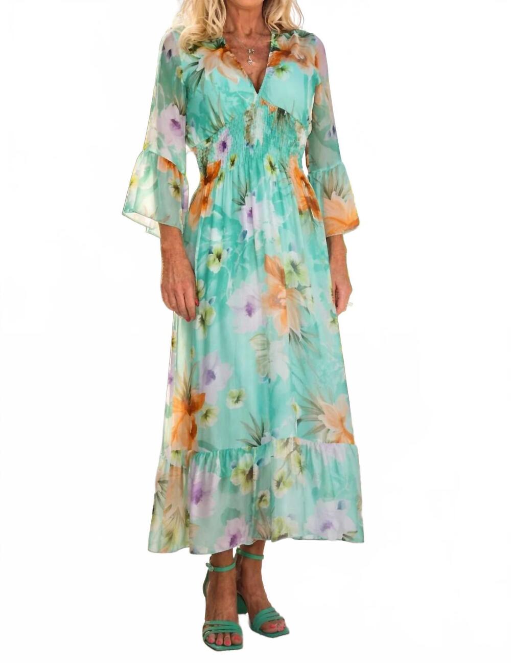 NEW TEMPO PARIS floral smocked silk dress in light green